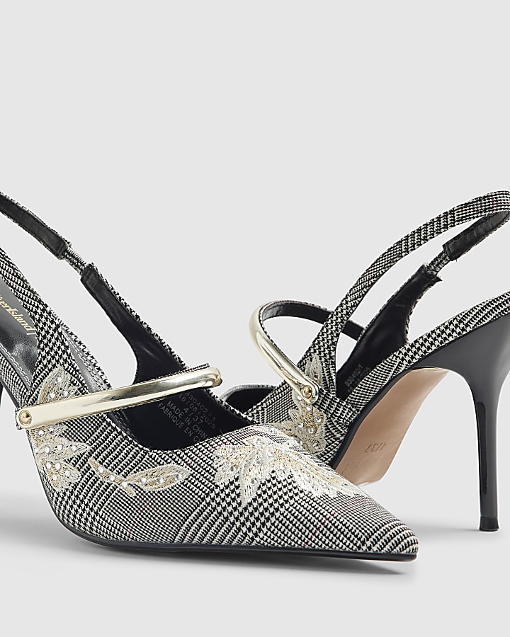 Grey Floral Check Slingback Court Heels