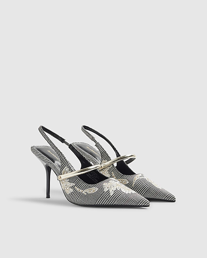 Grey Floral Check Slingback Court Heels