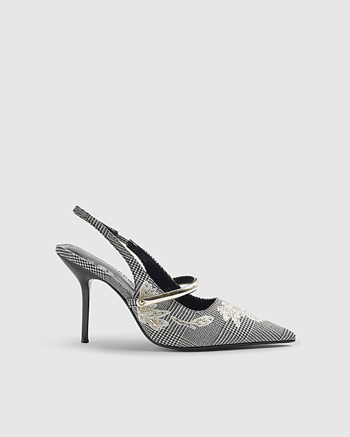 Grey Floral Check Slingback Court Heels