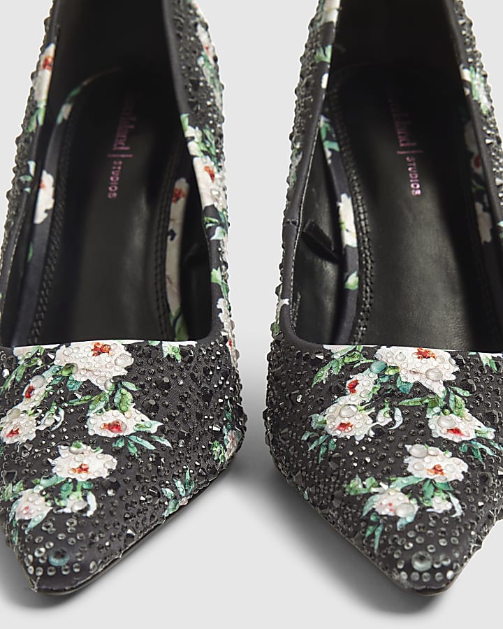 Black Satin Floral Diamante Court Heels
