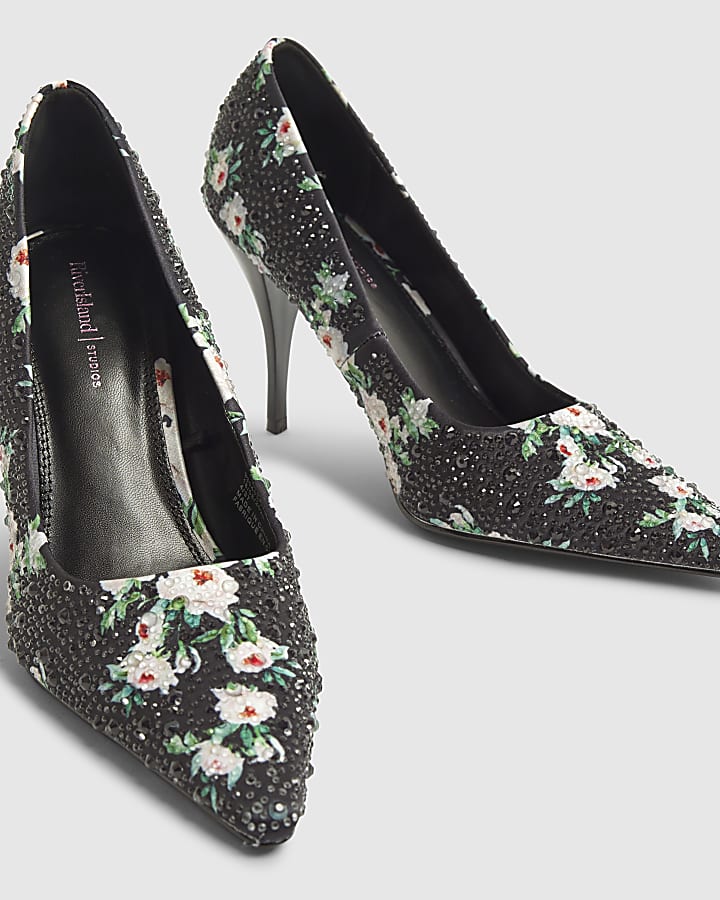 Black Satin Floral Diamante Court Heels