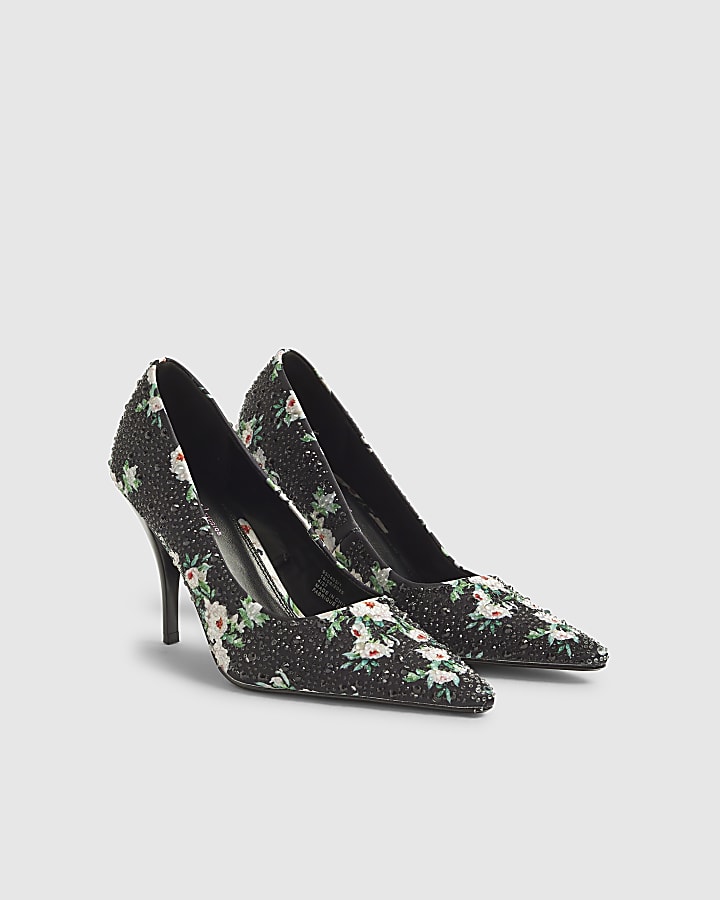 Black Satin Floral Diamante Court Heels