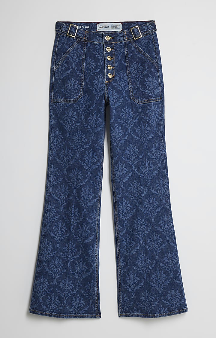 Blue Paisley Relaxed Flared Jeans