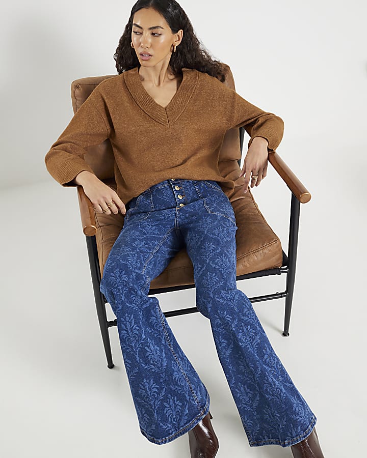 Blue Paisley Relaxed Flared Jeans
