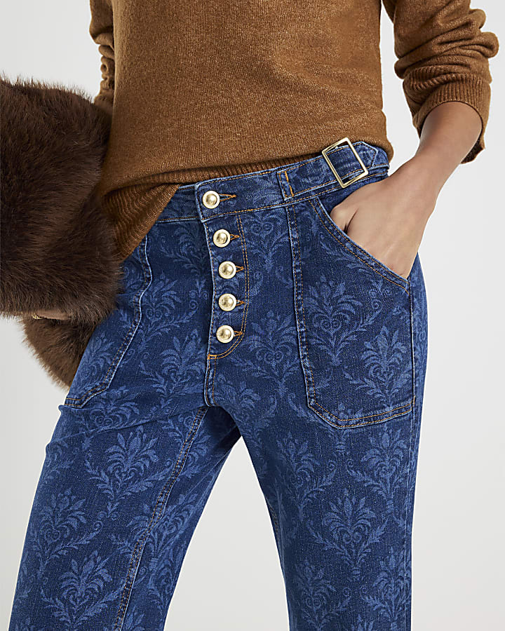 Blue Paisley Relaxed Flared Jeans