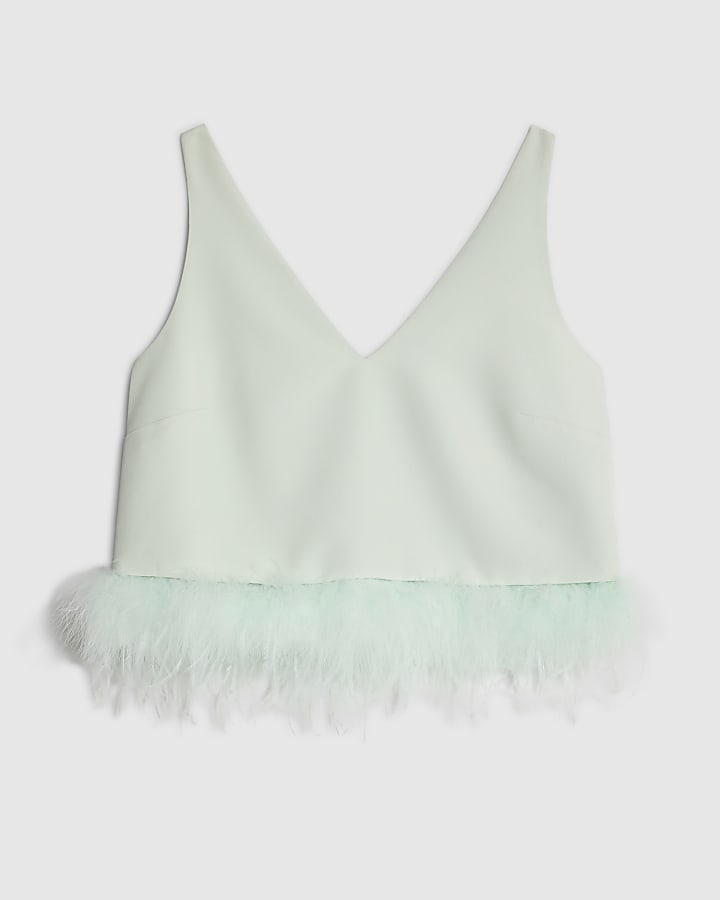 Green Feather Trim Crop Top
