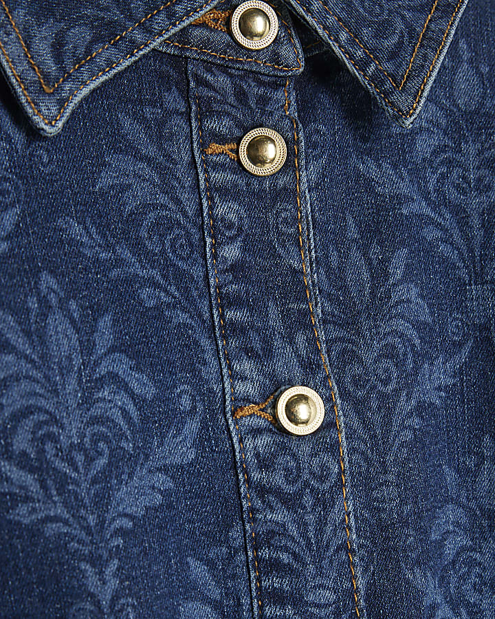 Blue Paisley Print Fitted Denim Shirt