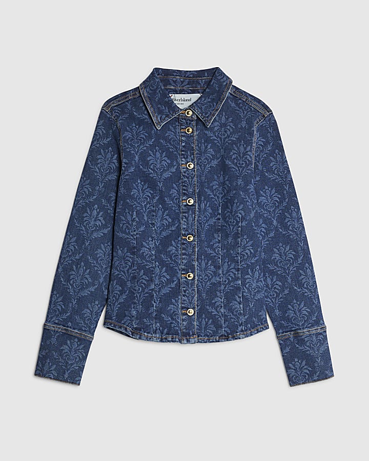 Blue Paisley Print Fitted Denim Shirt