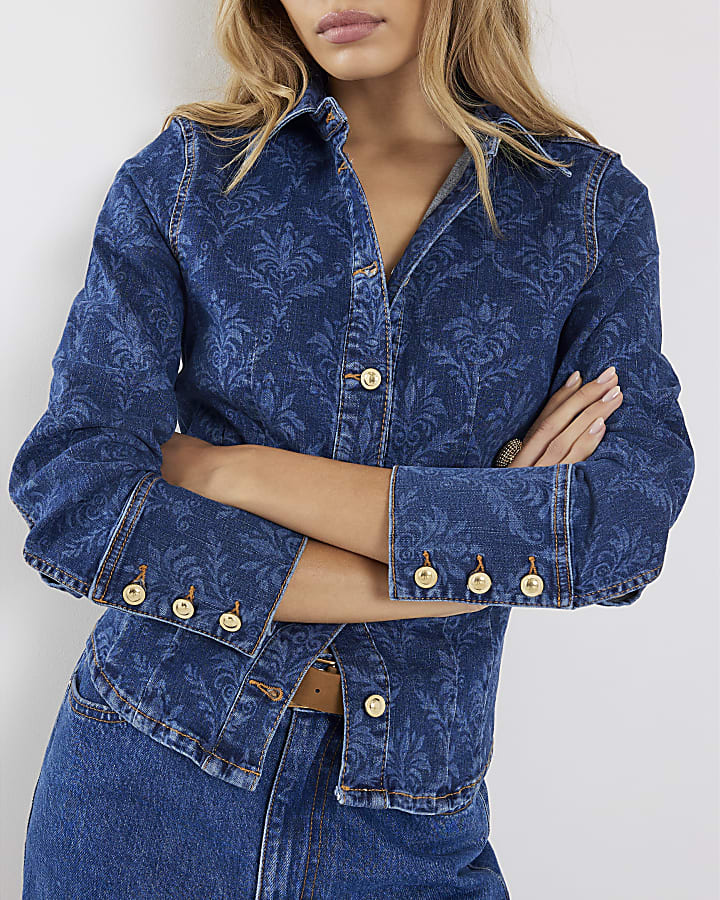 Blue Paisley Print Fitted Denim Shirt