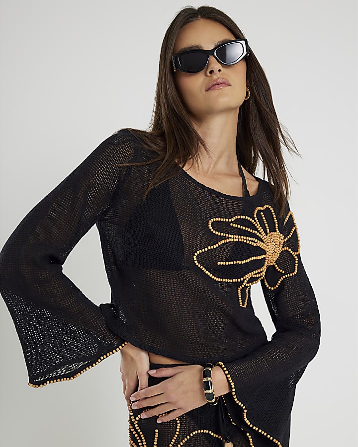 Black Flower Beach Crop Top