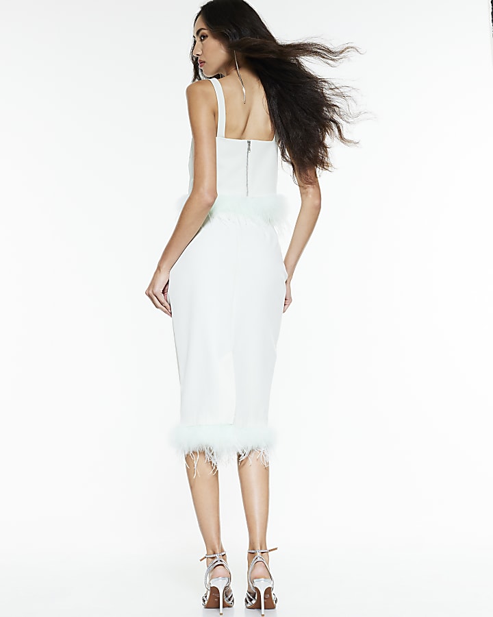 Green Feather Trim Midi Skirt