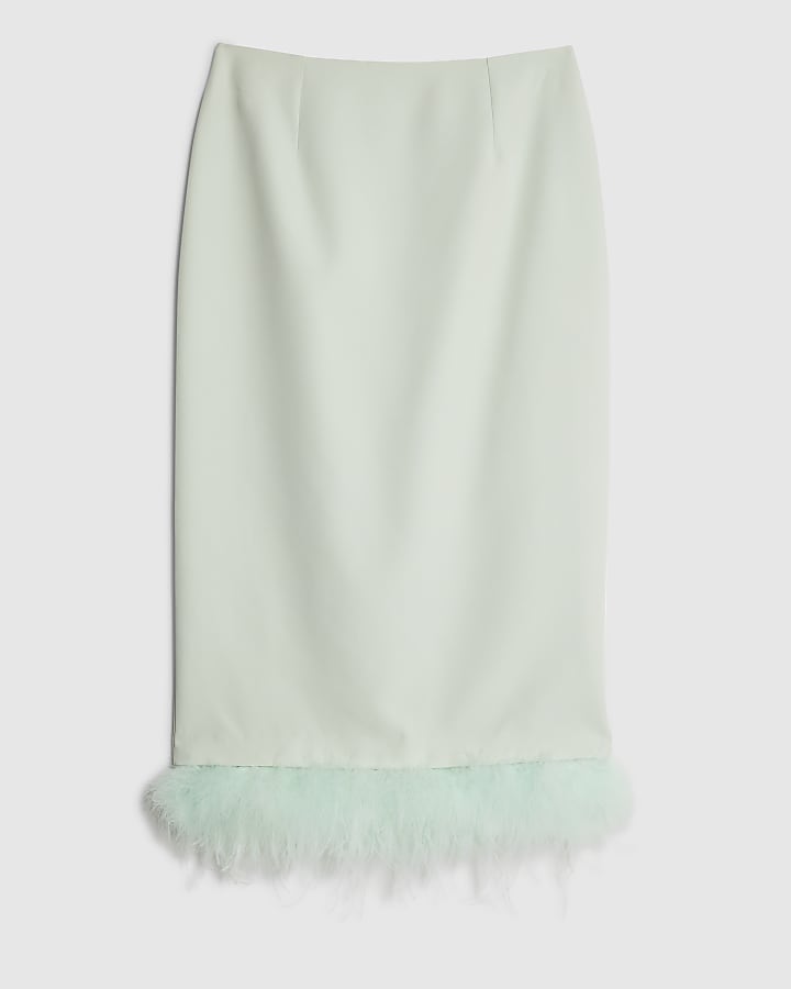 Green Feather Trim Midi Skirt