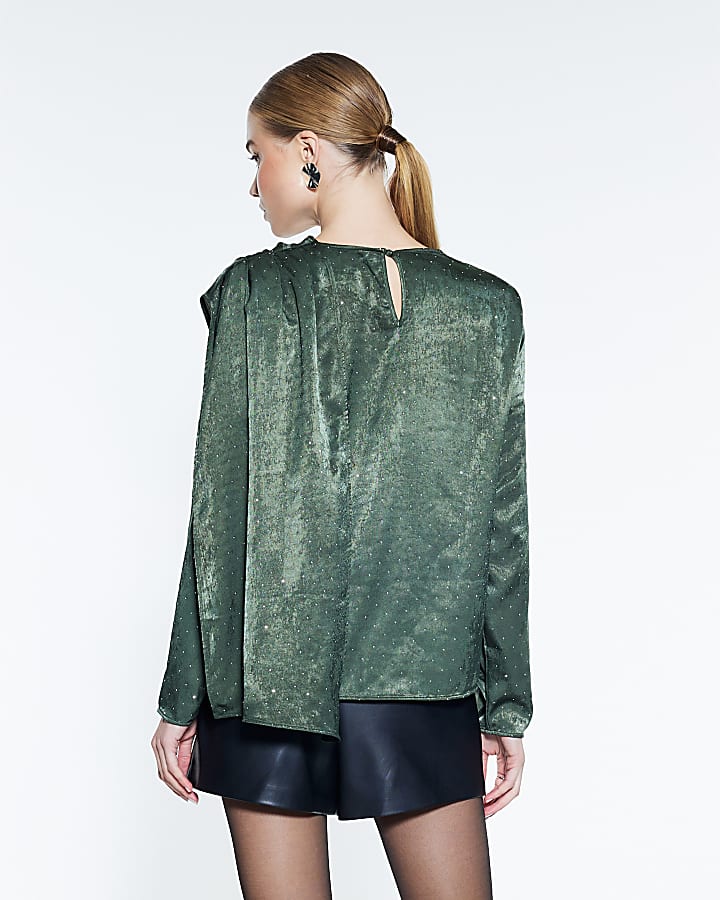 Green Cowl Neck Studded Blouse
