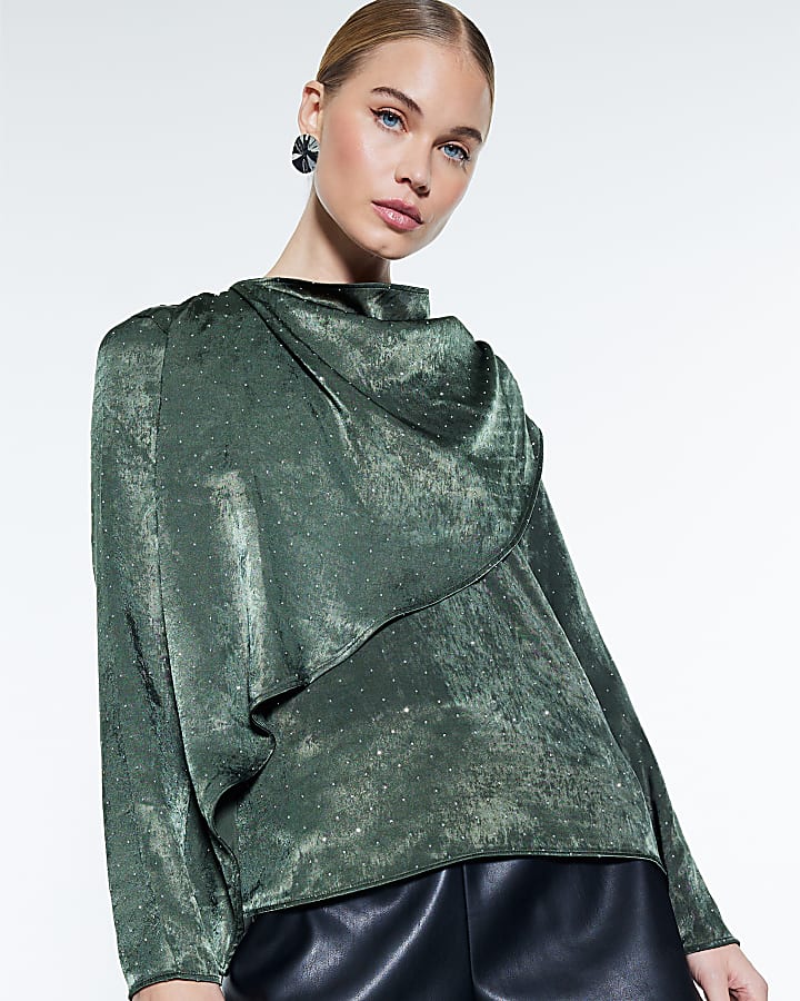 Green Cowl Neck Studded Blouse