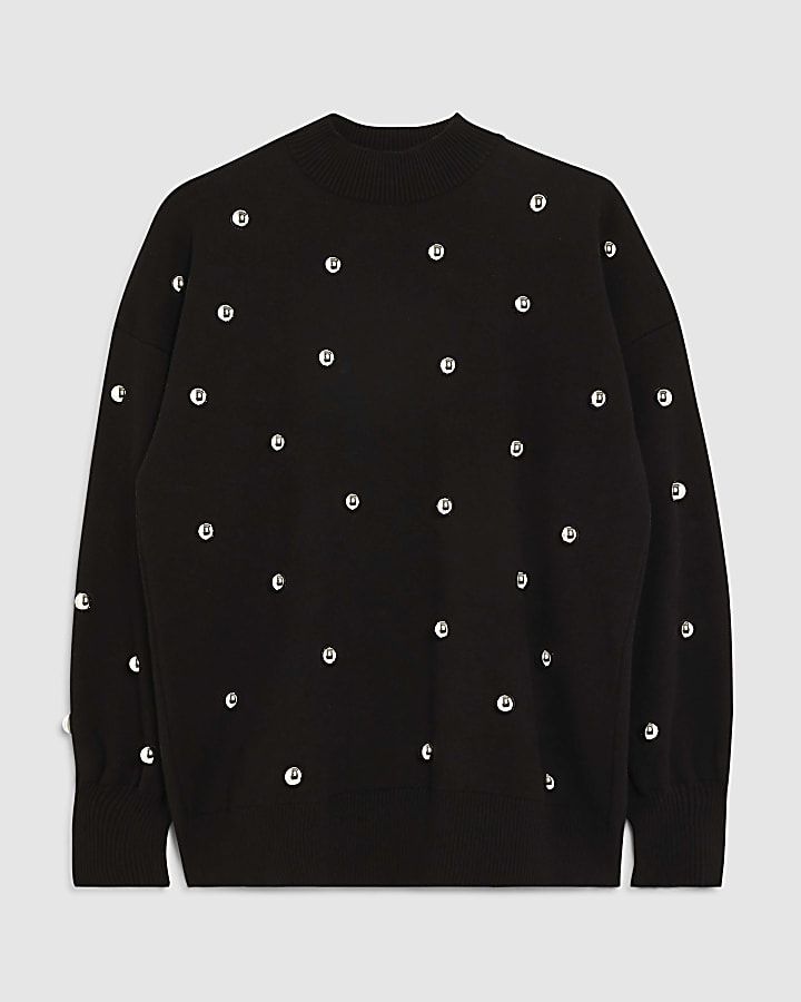 Black Stud Embellished High Neck Jumper
