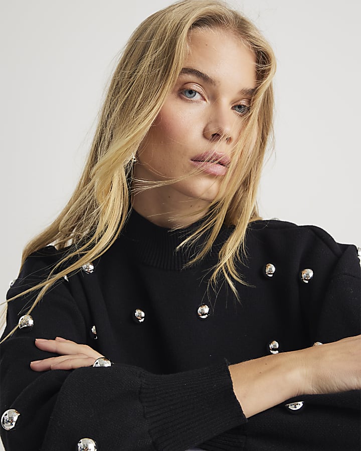 Black Stud Embellished High Neck Jumper