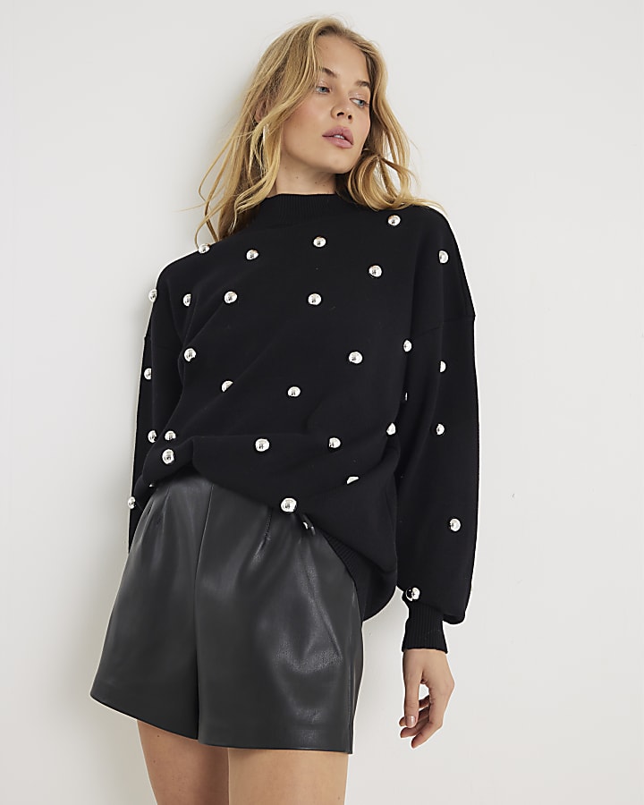 Black Stud Embellished High Neck Jumper