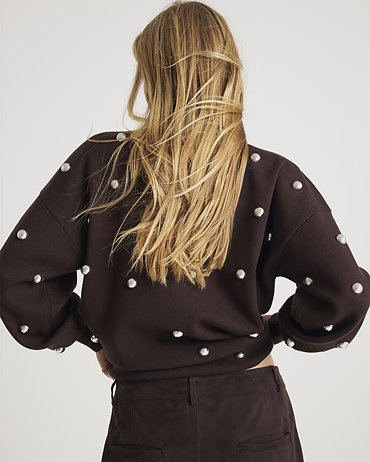 Brown Stud Embellished High Neck Jumper