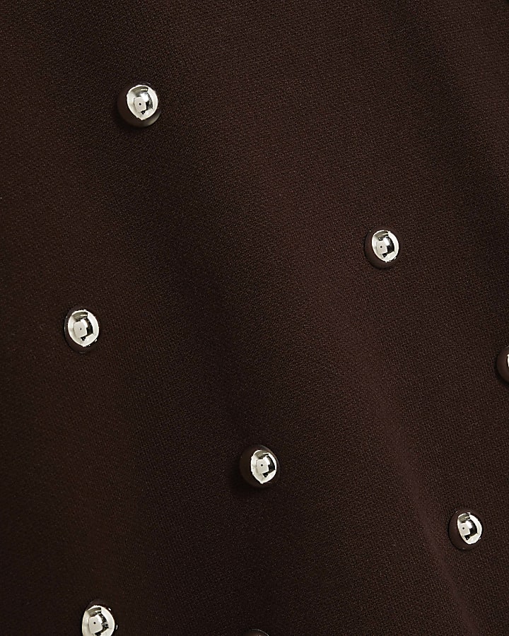 Brown Stud Embellished High Neck Jumper