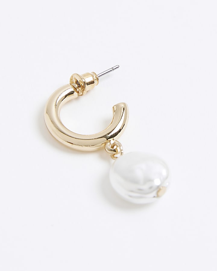 Gold Pearl Mini Drop Hoop Earrings