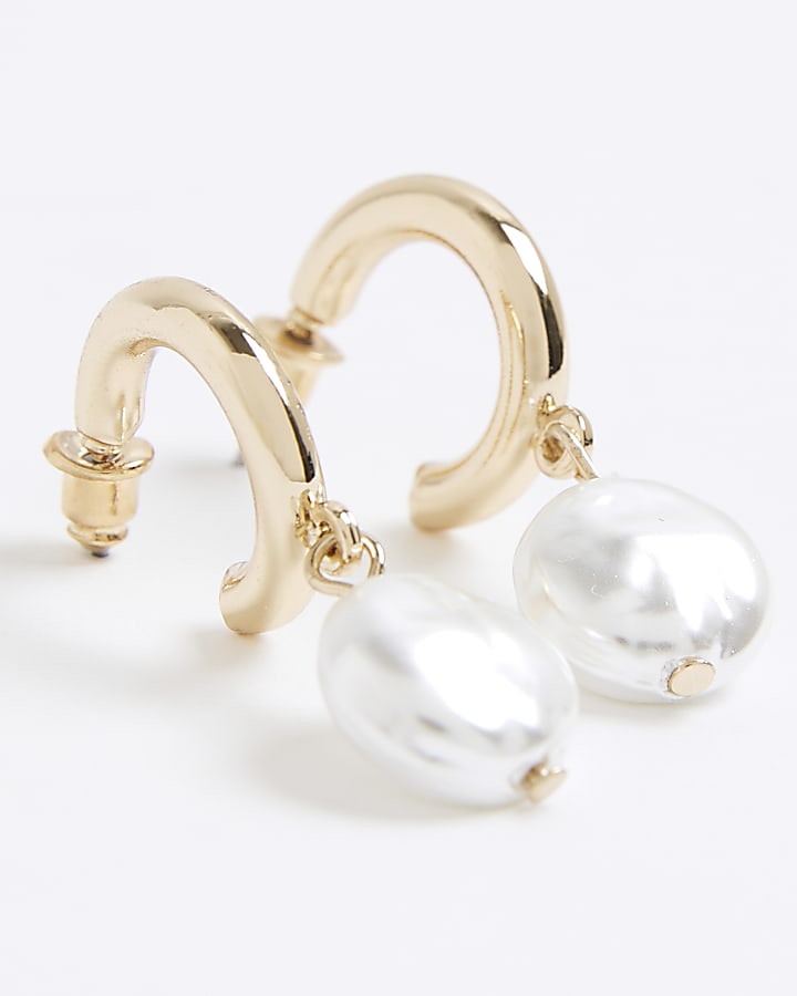 Gold Pearl Mini Drop Hoop Earrings
