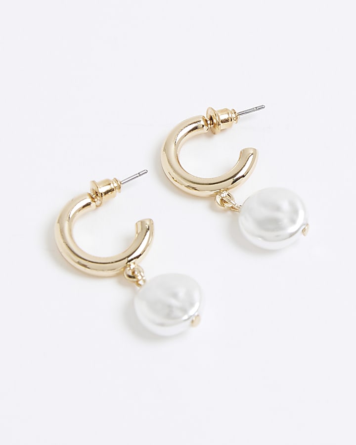 Gold Pearl Mini Drop Hoop Earrings