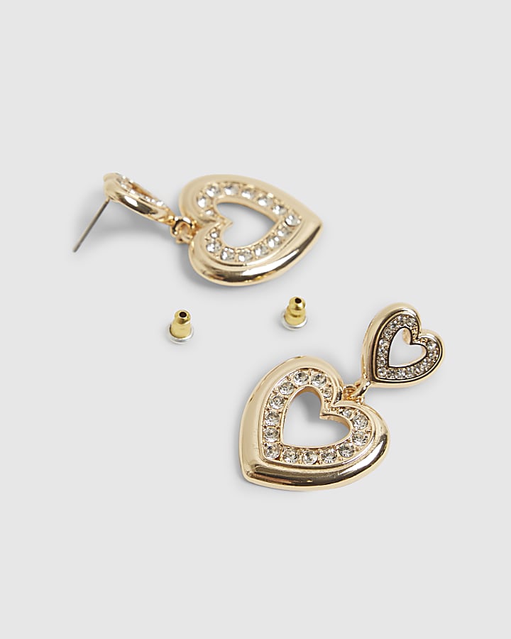 Gold Diamante Double Heart Drop Earrings