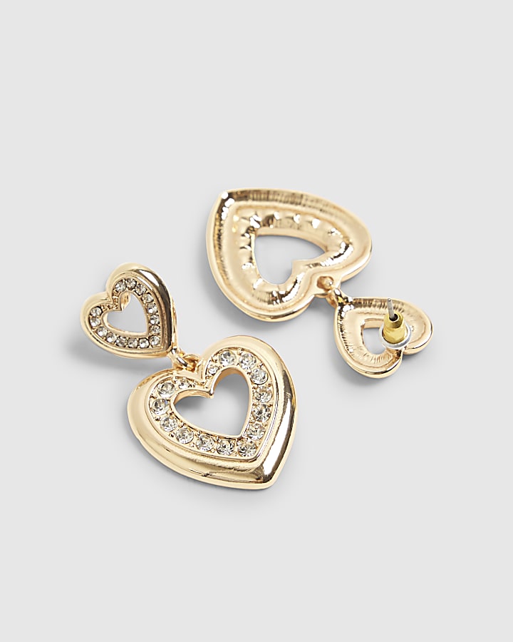 Gold Diamante Double Heart Drop Earrings