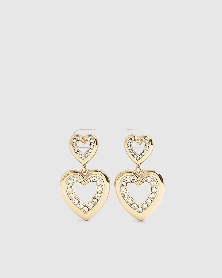 Gold Diamante Double Heart Drop Earrings
