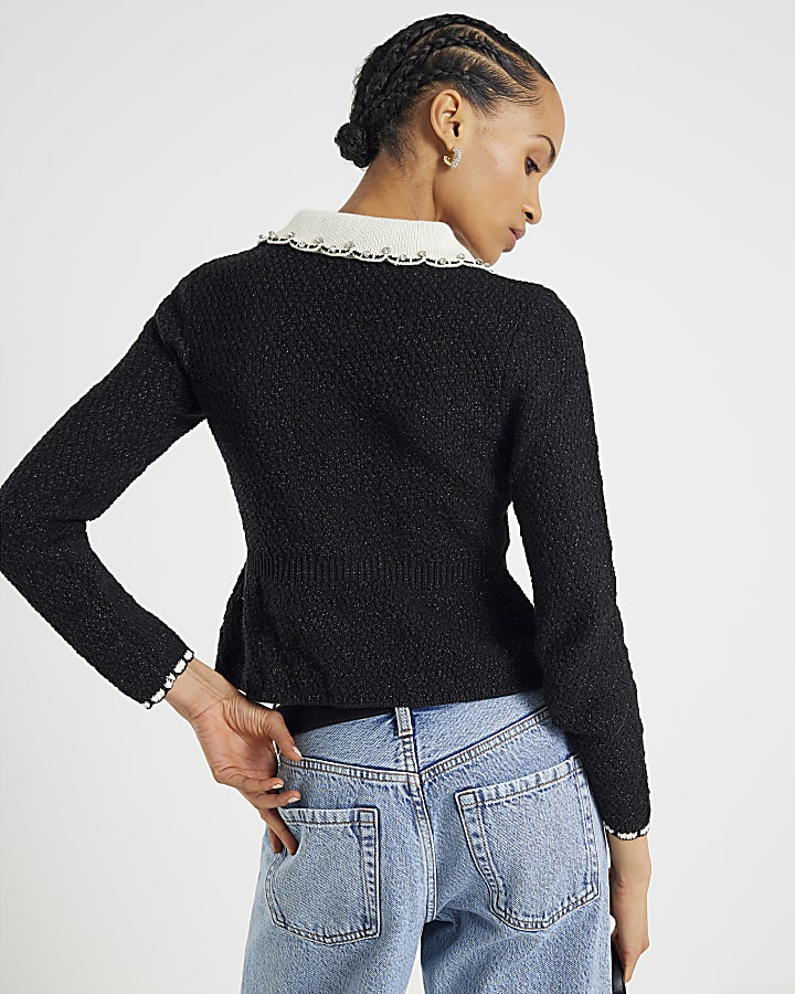 Black Knitted Collared Boucle Peplum Top