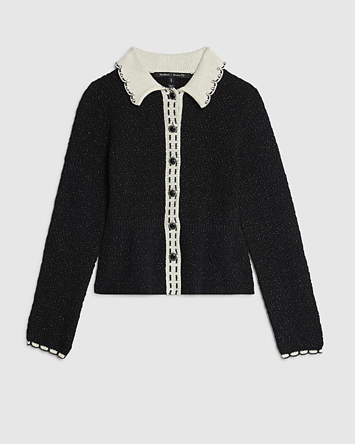Black Knitted Collared Boucle Peplum Top