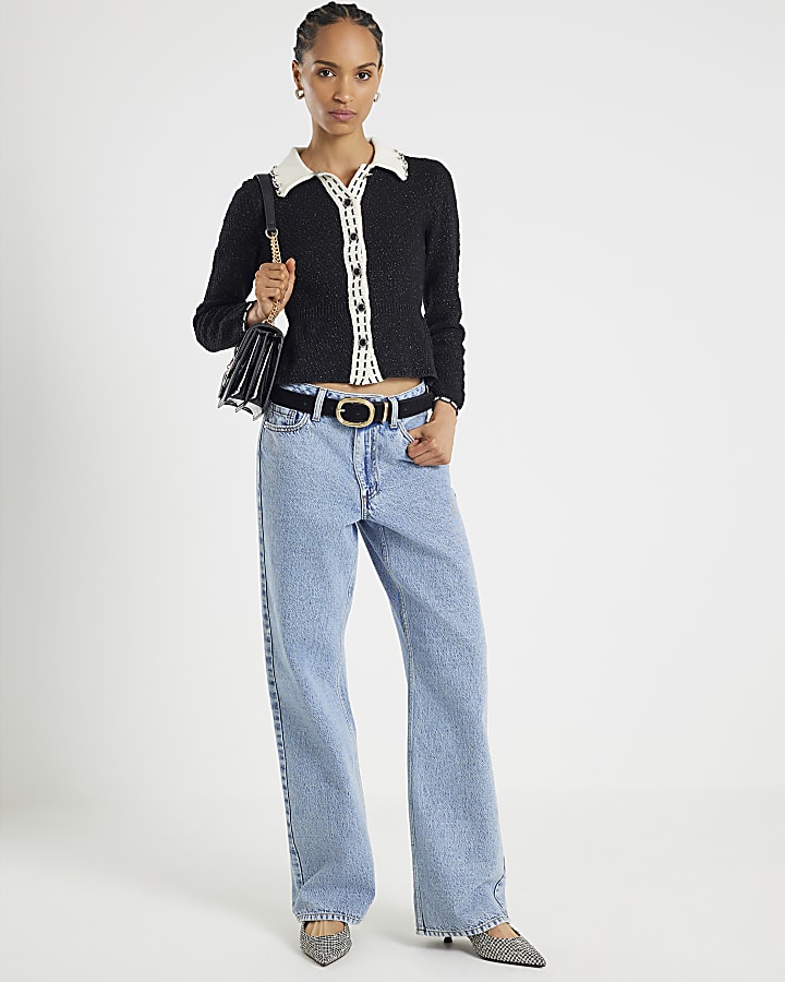 Black Knitted Collared Boucle Peplum Top