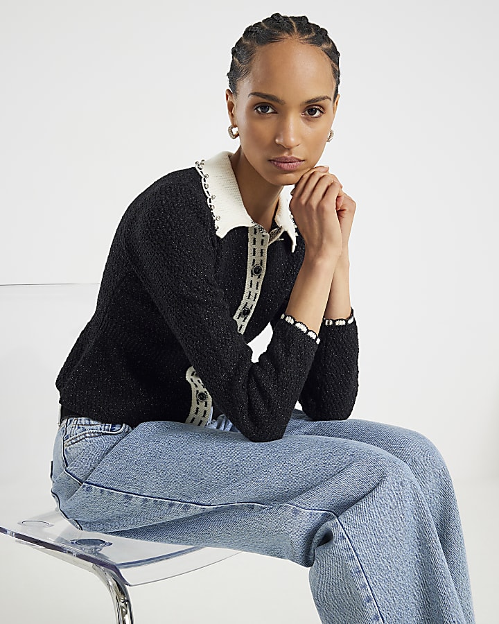 Black Knitted Collared Boucle Peplum Top