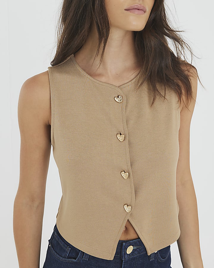 Brown Cropped Heart Waistcoat Top