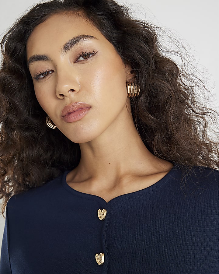 Navy Long Sleeve Cropped Heart Waistcoat