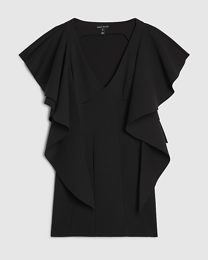 Black Sleeveless Ruffle Shoulder Mini Dress