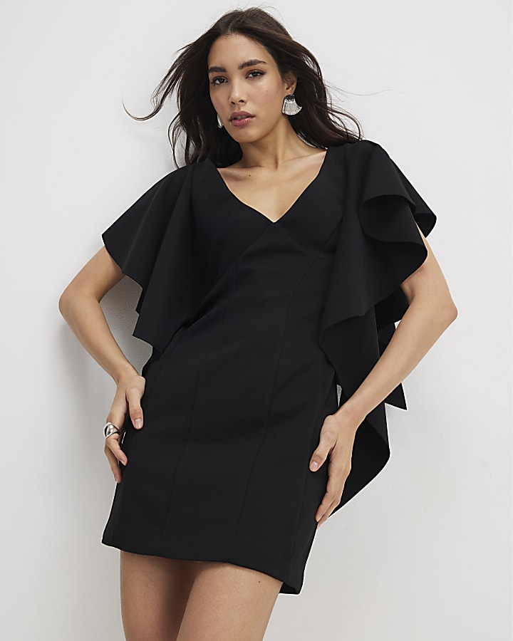 Black Sleeveless Ruffle Shoulder Mini Dress