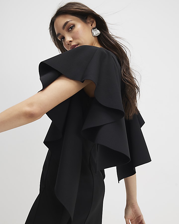 Black Sleeveless Ruffle Shoulder Mini Dress