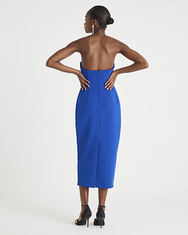 Blue Sleeveless Bodycon Bandeau Midi Dress