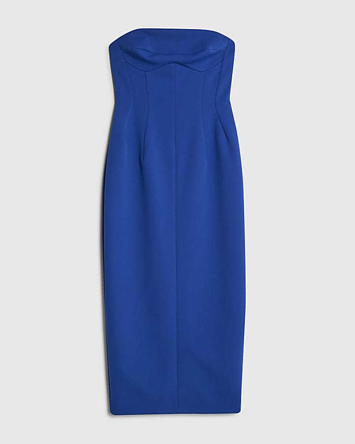 Blue Sleeveless Bodycon Bandeau Midi Dress