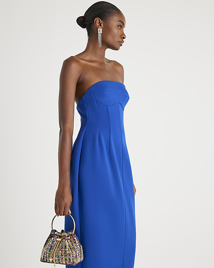 Blue Sleeveless Bodycon Bandeau Midi Dress