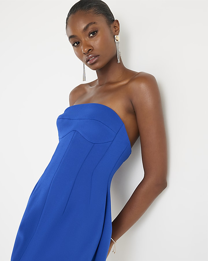 Blue Sleeveless Bodycon Bandeau Midi Dress