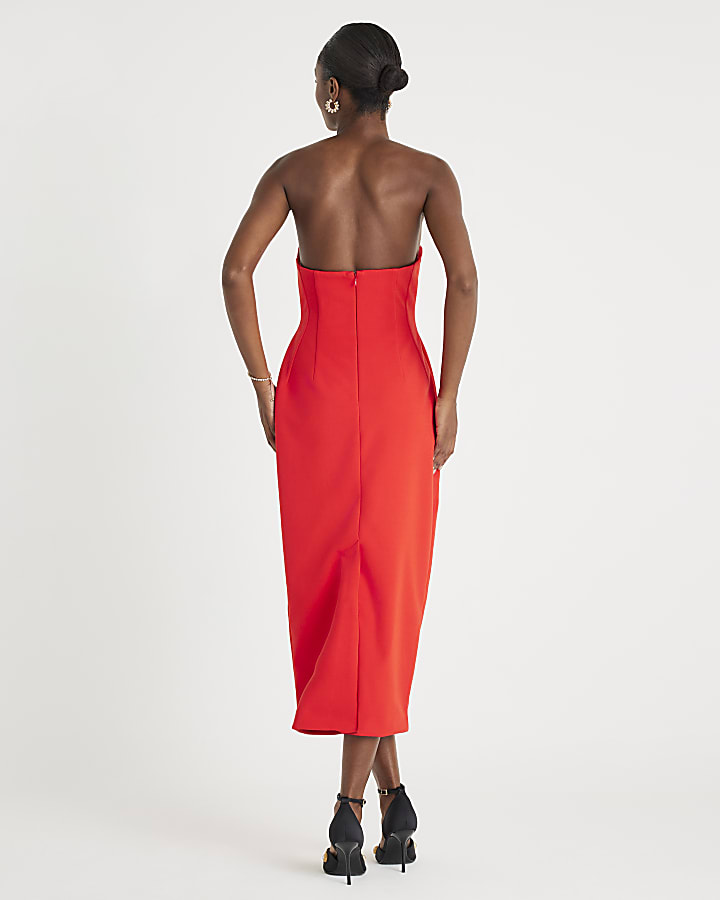 Red Sleeveless Bodycon Bandeau Midi Dress