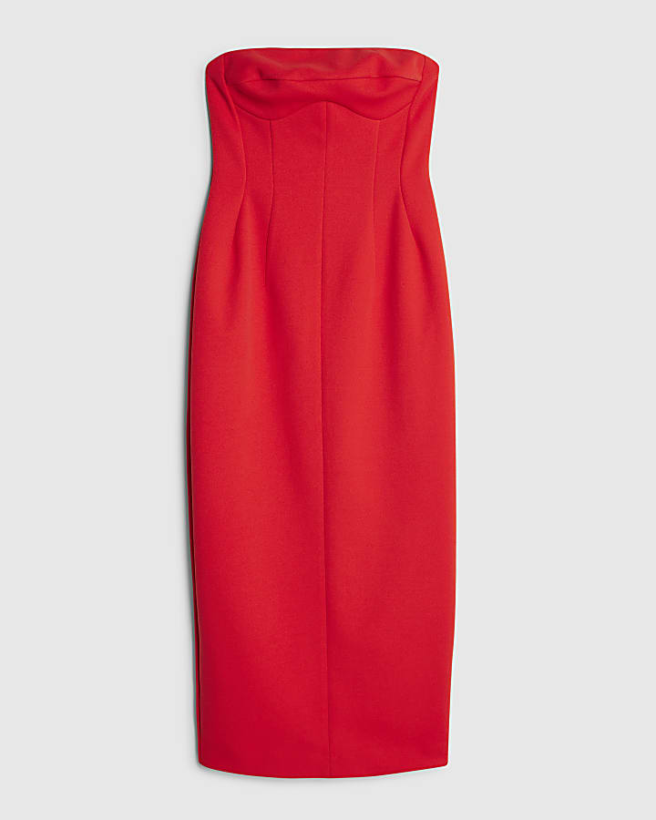 Red Sleeveless Bodycon Bandeau Midi Dress