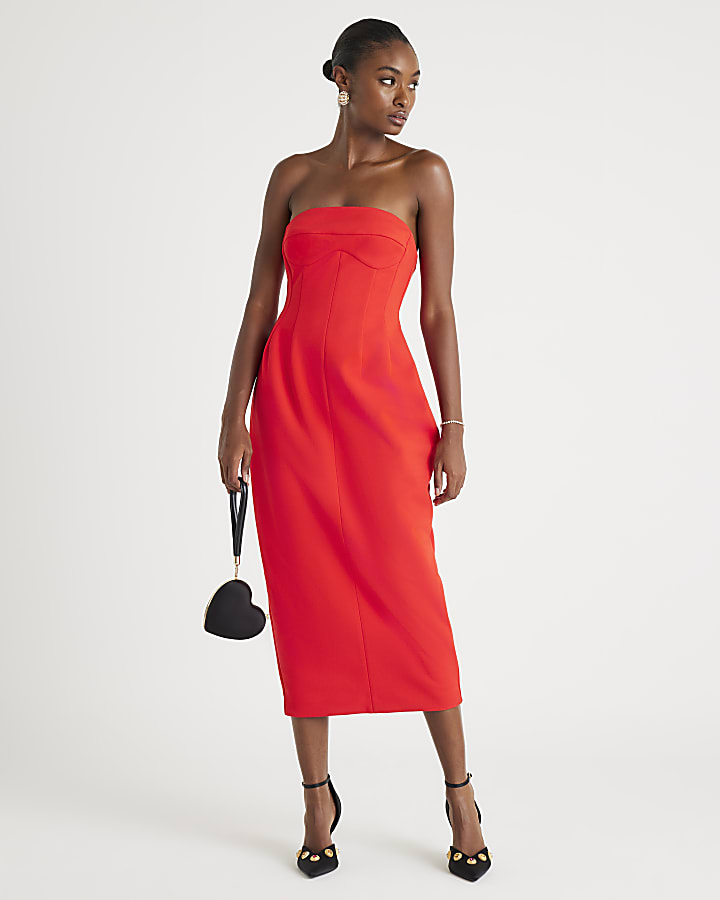 Red Sleeveless Bodycon Bandeau Midi Dress