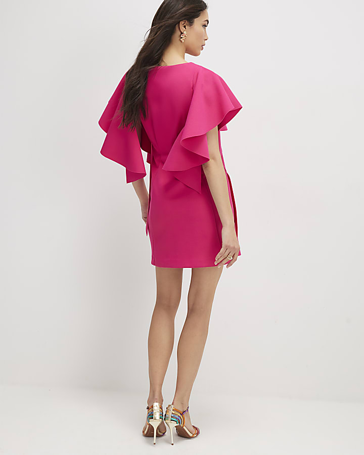 Pink Sleeveless Ruffle Shoulder Mini Dress