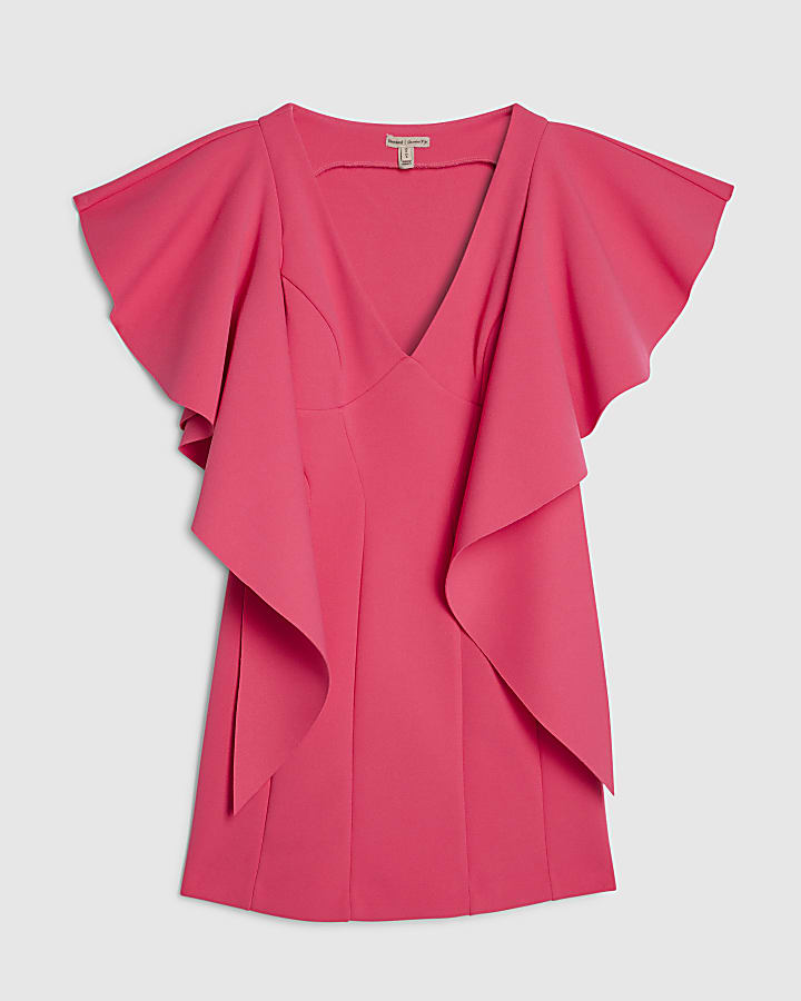 Pink Sleeveless Ruffle Shoulder Mini Dress