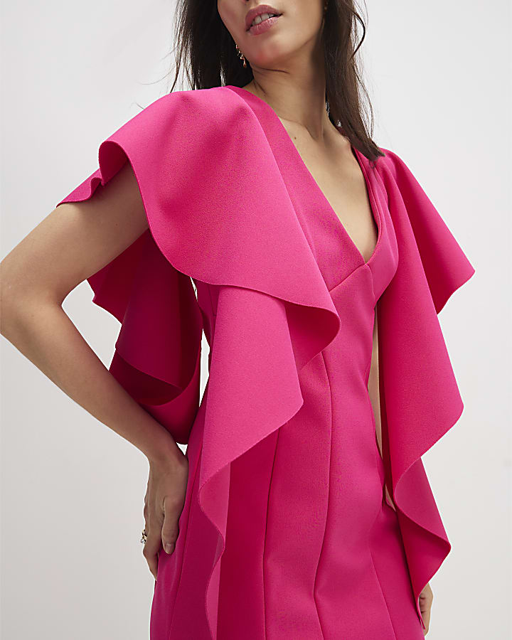 Pink Sleeveless Ruffle Shoulder Mini Dress