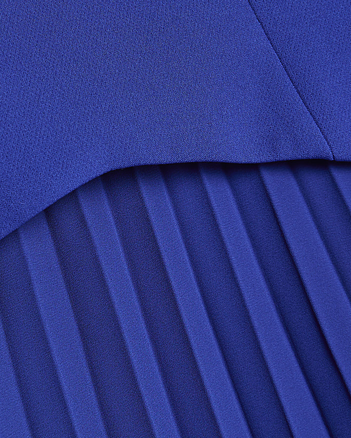 Blue High Neck Pleated Hem Mini Dress