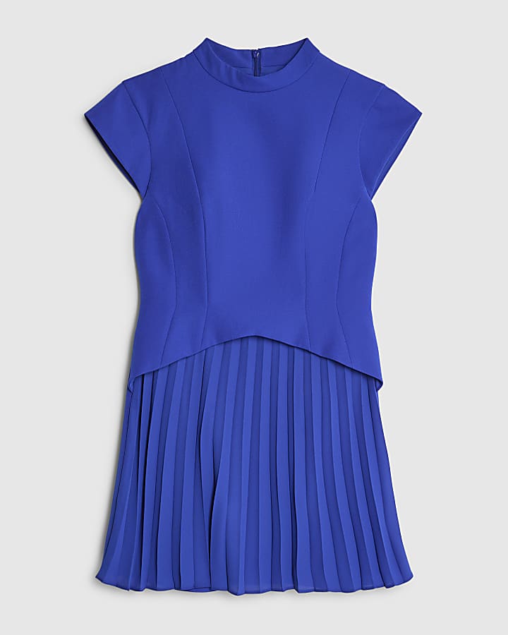 Blue High Neck Pleated Hem Mini Dress